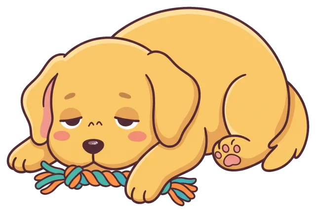 Sleepy yellow puppy lying with a colorful rope toy