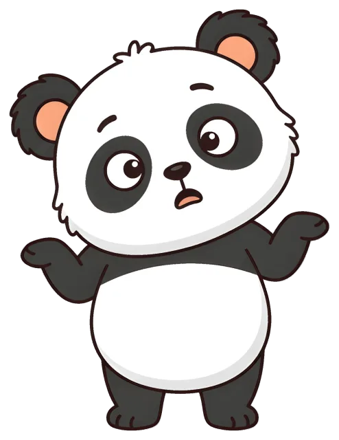 Confused cartoon panda shrugging with raised eyebrows