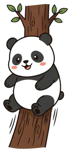 Cute cartoon panda climbing a tree with green leaves
