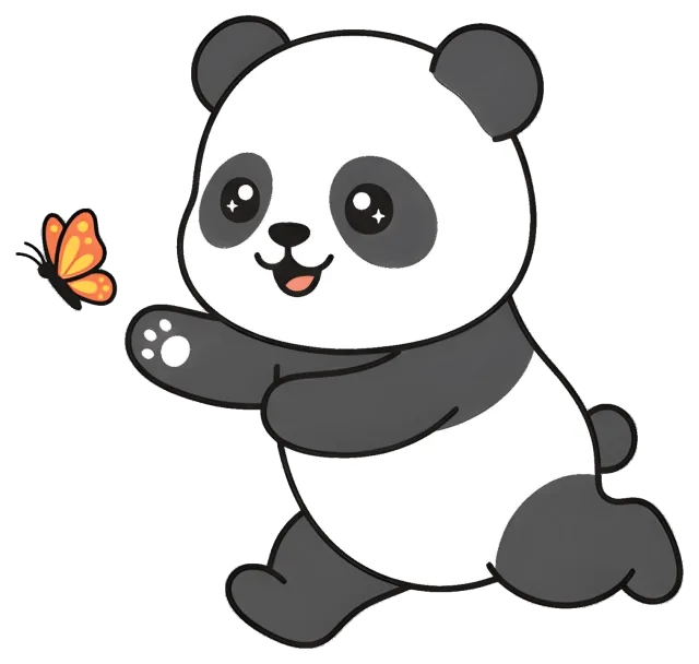 Cute cartoon panda playing with orange butterfly