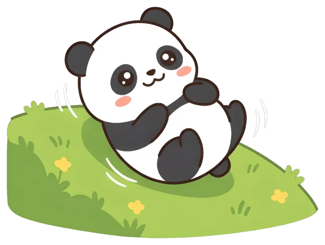 Cute cartoon panda rolling on grass hill