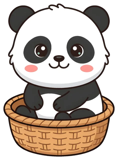 Cute cartoon panda sitting in a wicker basket