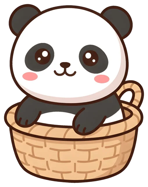 Cute cartoon panda sitting in a wicker basket