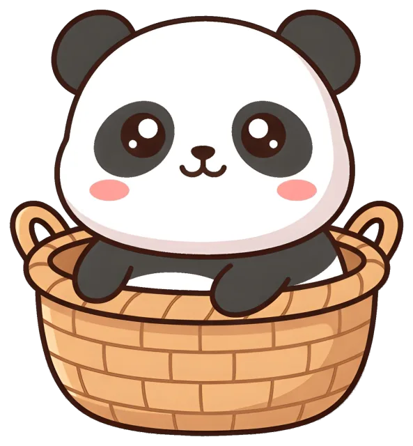 Cute cartoon panda sitting in a woven basket