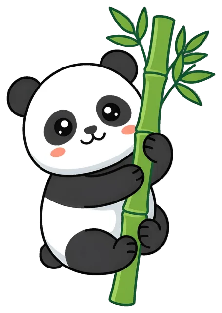 Cute panda hugging bamboo stalk with leaves