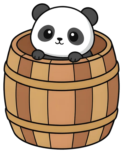 Cute panda peeking out of wooden barrel
