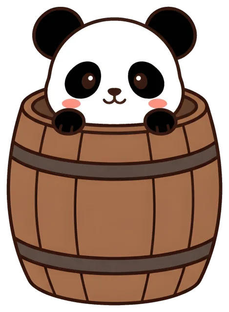 Cute panda peeking out of wooden barrel