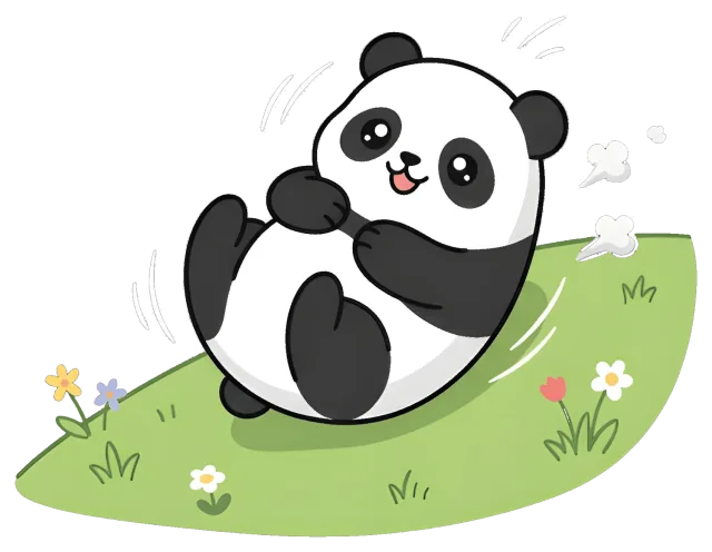 Cute panda rolling happily on grassy hill