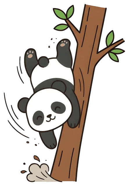 Cute panda sliding down a tree trunk with leaves