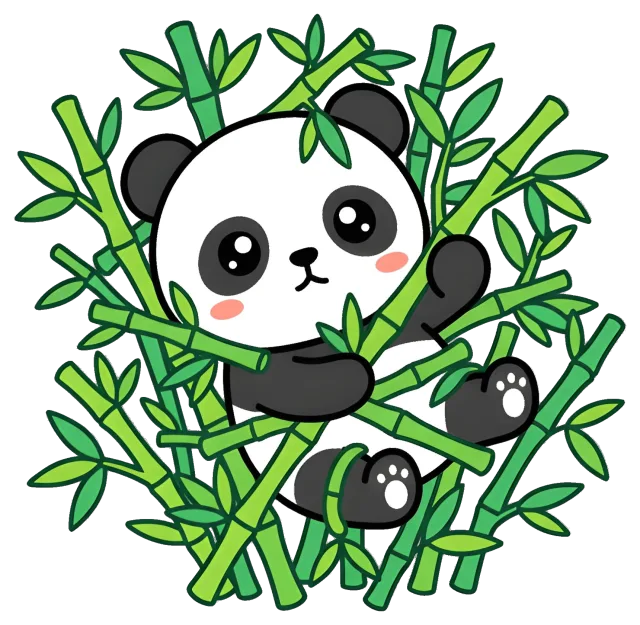 Cute panda surrounded by green bamboo stalks