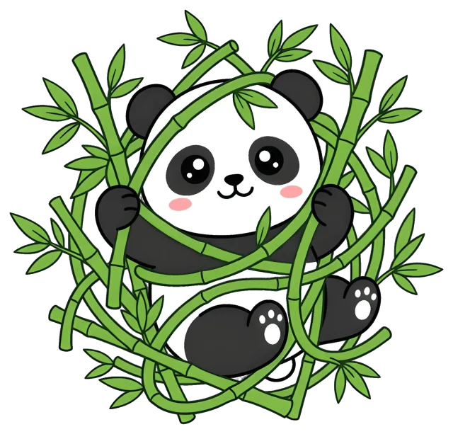 Cute panda surrounded by green bamboo stalks
