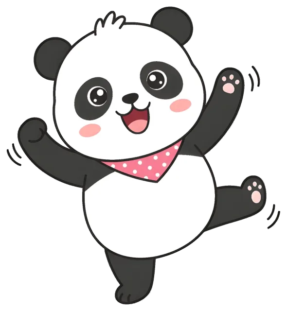 Happy cartoon panda waving and dancing with pink scarf