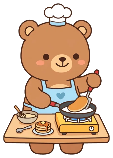 Cute bear chef cooking pancakes on stove