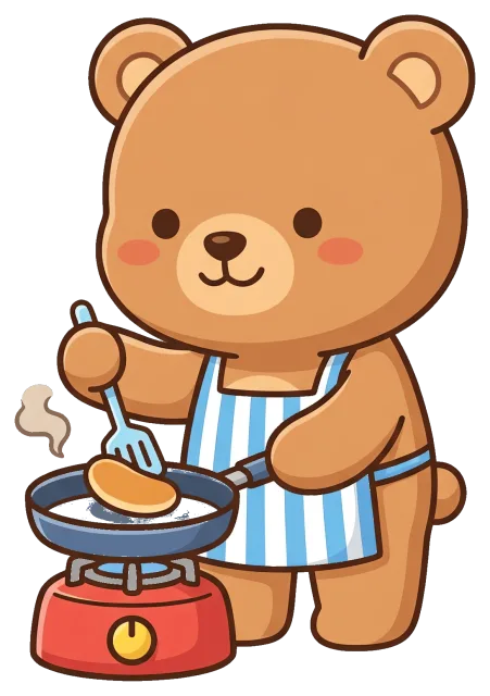 Cute bear cooking pancake on stove wearing apron