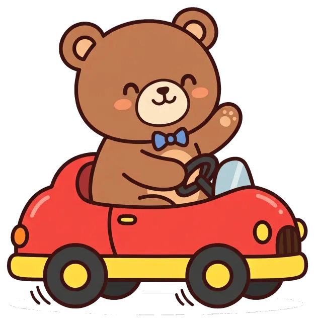 Cute bear driving a red toy car waving