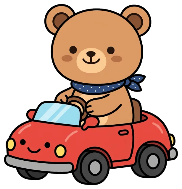 Cute bear driving a red toy car with blue scarf