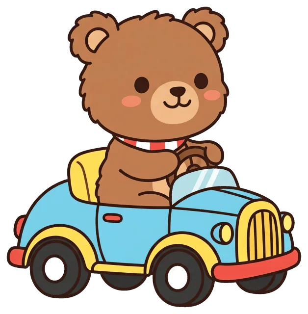 Cute bear driving a small blue car