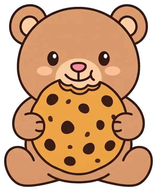 Cute bear holding a bitten chocolate chip cookie
