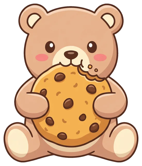 Cute bear holding and eating a chocolate chip cookie