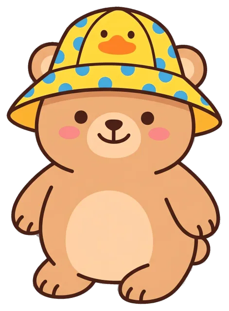 Cute bear wearing yellow polka dot hat with duck design