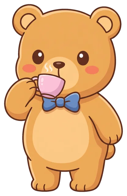 Cute bear with blue bow tie drinking tea
