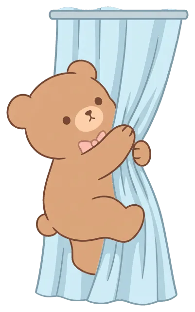 Cute brown bear climbing blue curtain