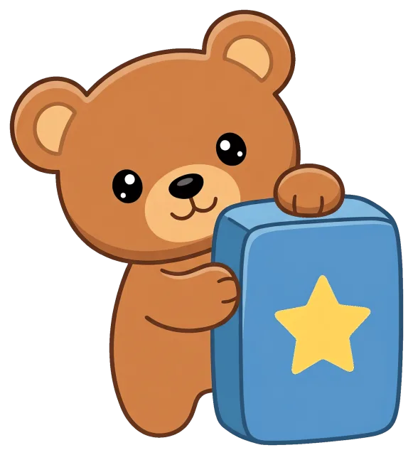Cute brown bear holding blue suitcase with yellow star