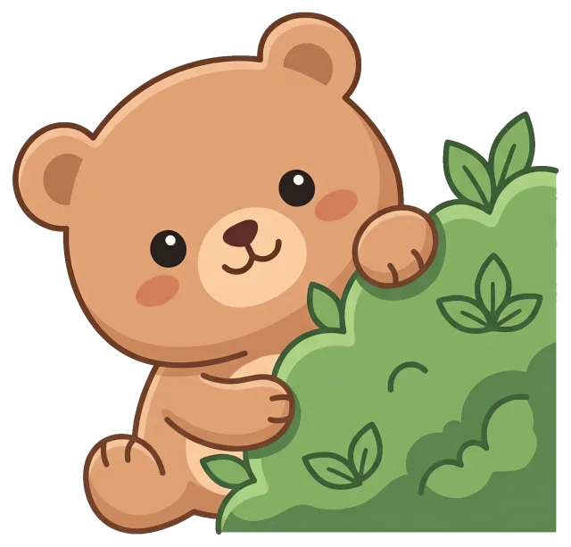 Cute cartoon bear peeking from behind green bush