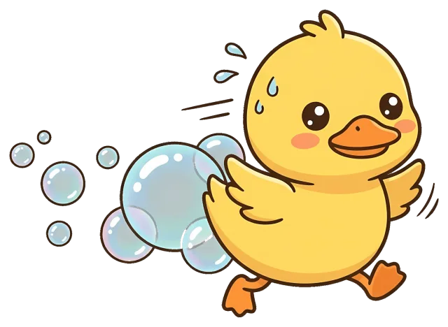 Cute cartoon duck running with bubbles and sweat drops