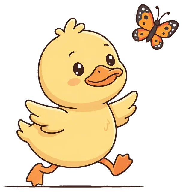 Cute cartoon duckling chasing a butterfly