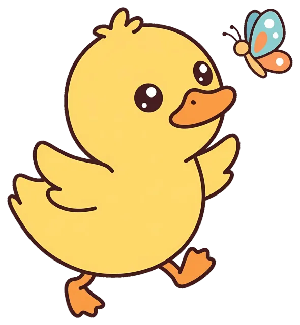 Cute cartoon duckling chasing a colorful butterfly