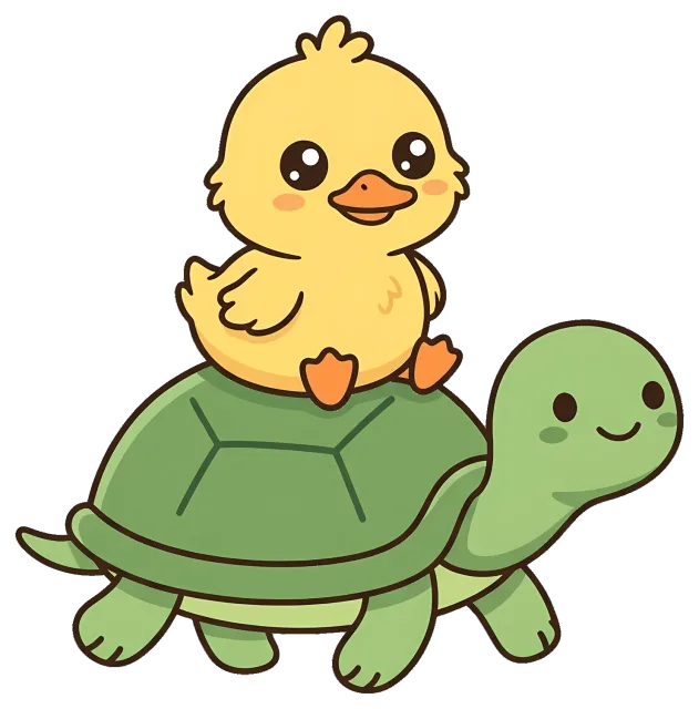 Cute cartoon duckling riding a smiling turtle
