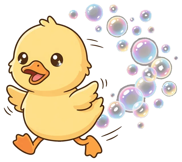 Cute cartoon duckling walking with colorful bubbles