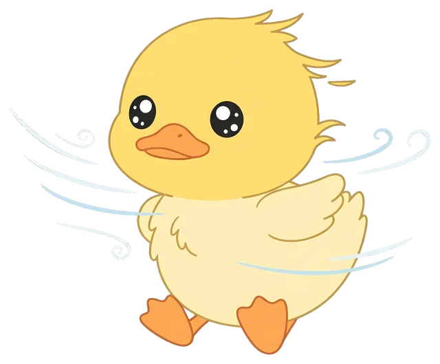 Cute cartoon duckling walking with wind swirls