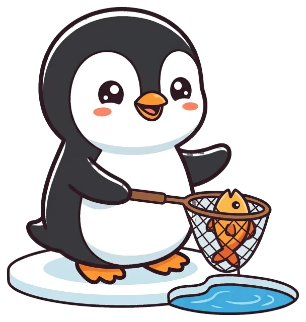 Cute cartoon penguin catching fish on ice