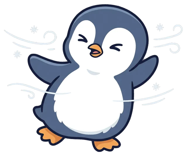 Cute cartoon penguin feeling cold with wind and snowflakes