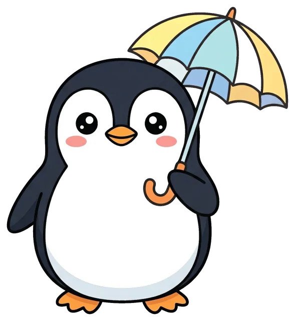 Cute cartoon penguin holding a colorful umbrella