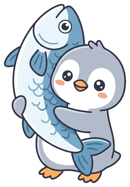 Cute cartoon penguin hugging a large fish