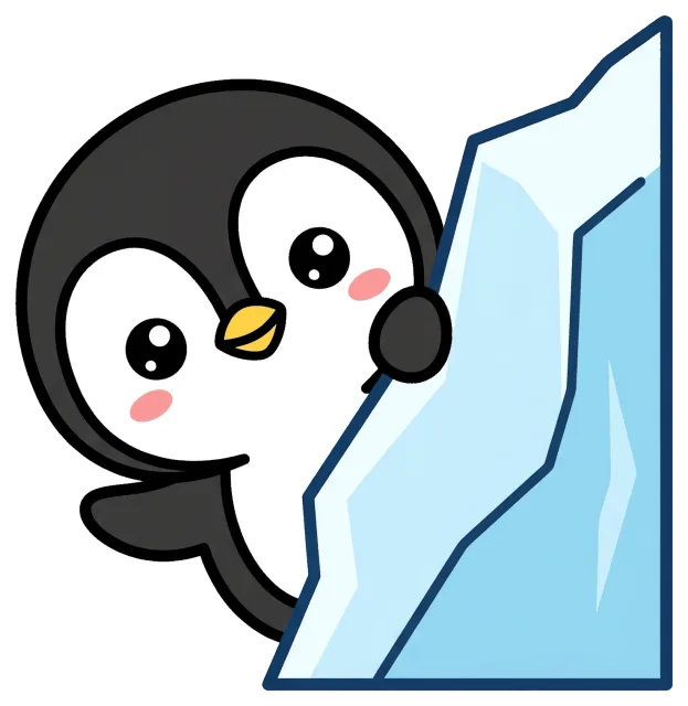 Cute cartoon penguin peeking from behind an iceberg