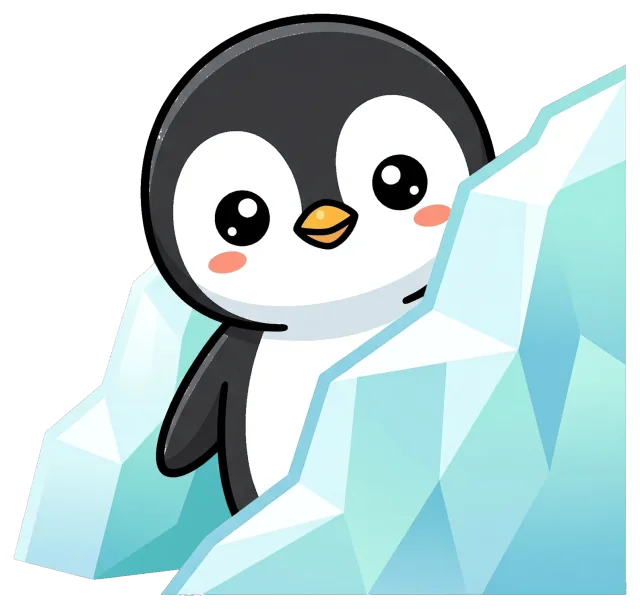 Cute cartoon penguin peeking from behind ice