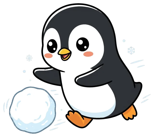 Cute cartoon penguin playing with a snowball