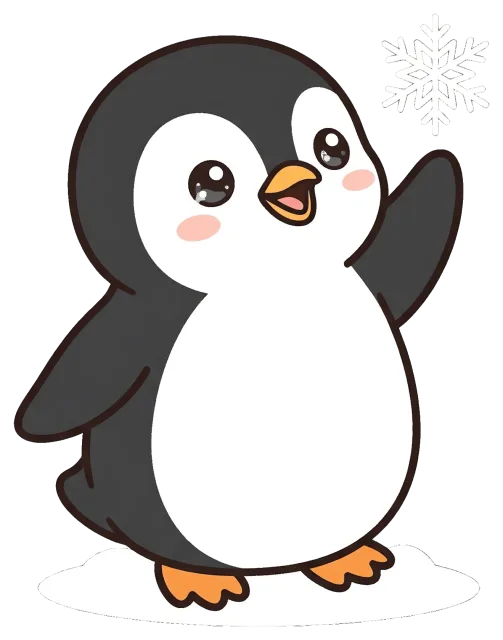 Cute cartoon penguin playing with a snowflake