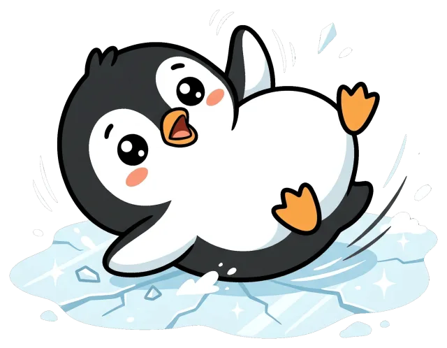 Cute cartoon penguin slipping on ice