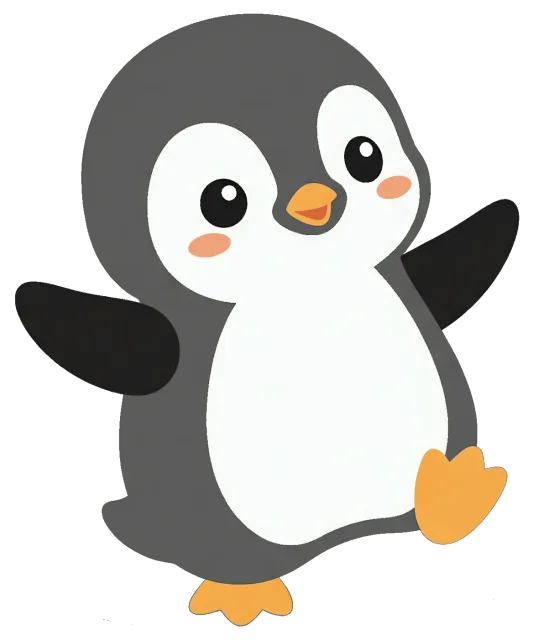 Cute cartoon penguin with orange feet and happy expression