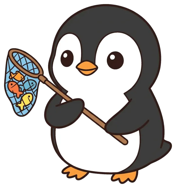 Cute penguin holding a net with colorful fish