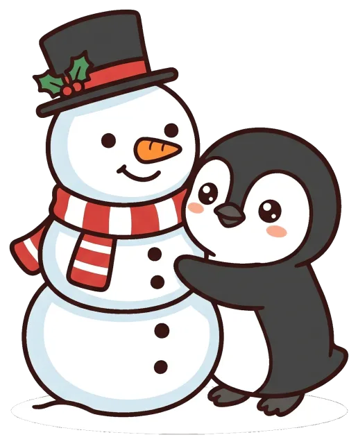 Cute penguin hugging a smiling snowman with a scarf and hat