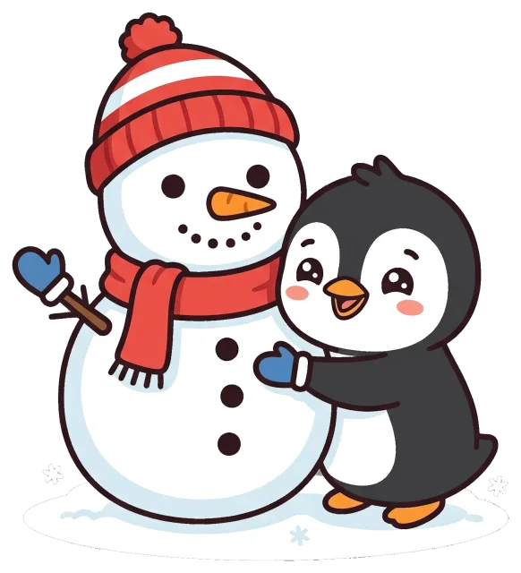 Cute penguin hugging a snowman with winter accessories