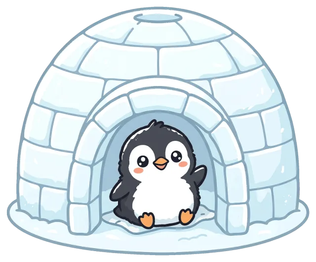 Cute penguin sitting inside an igloo