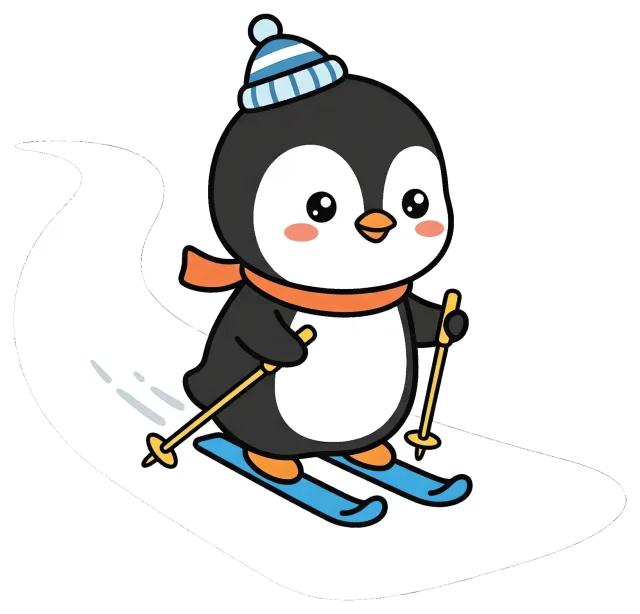 Cute penguin skiing with hat and scarf