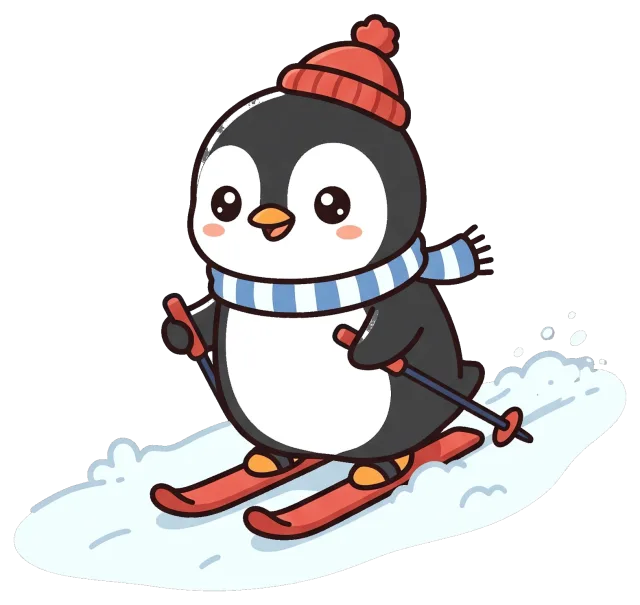 Cute penguin skiing with red hat and blue scarf